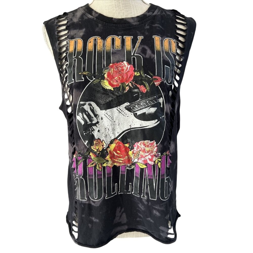 Forever 21 Rock Is Rolling Black Tie-Dye Cutout Tank Top Rose Guitar Graphic S